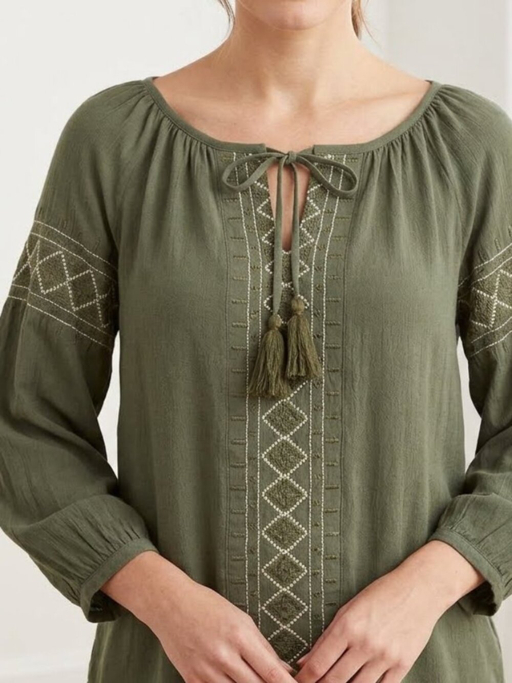 Papa Vancouver Women's Olive Green Top Blouse With Embroidery Peasant Style